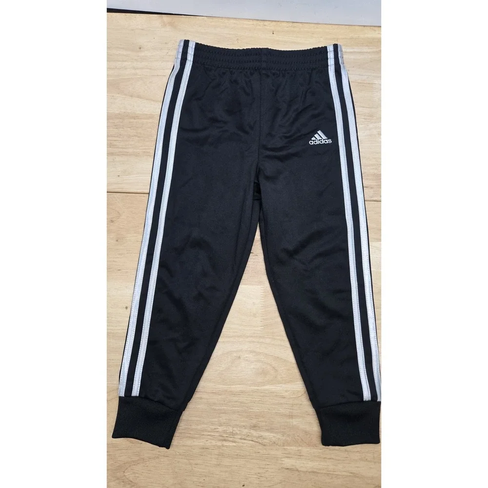 Adidas Kids Black Tricot Pants 2 Striped Straight Leg Sz 4